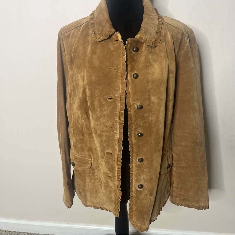 J. Jill Women’s Caramel Tan Genuine Suede Button-Front Ruffle Trim Jacket‎ Sz L